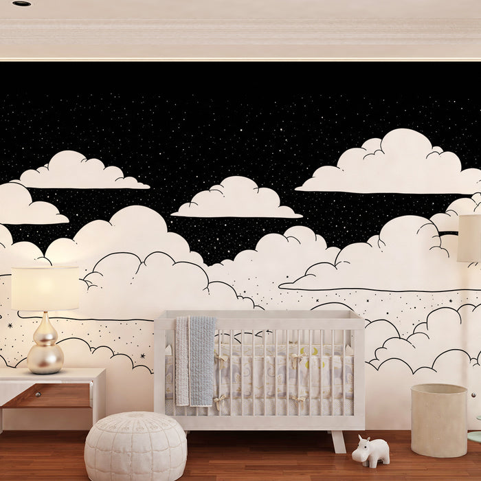 Papier de parede izba pre bábätká | Oblaky a hviezdy na čiernom pozadí