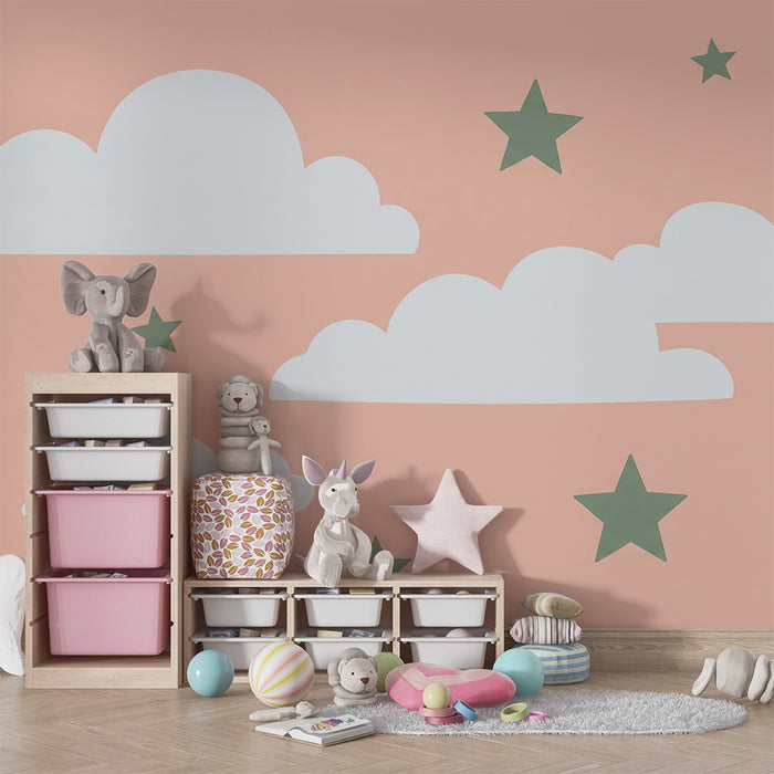 Papel de parede quarto bebê | Nuvens e estrelas em fundo pastel