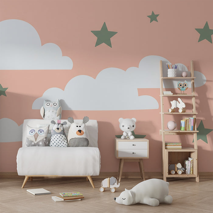 Papel de parede quarto bebê | Nuvens e estrelas em fundo pastel