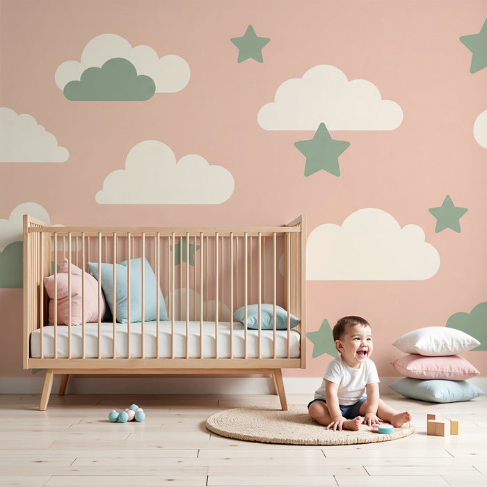 Papel de parede quarto bebê | Nuvens e estrelas verdes em fundo rosa