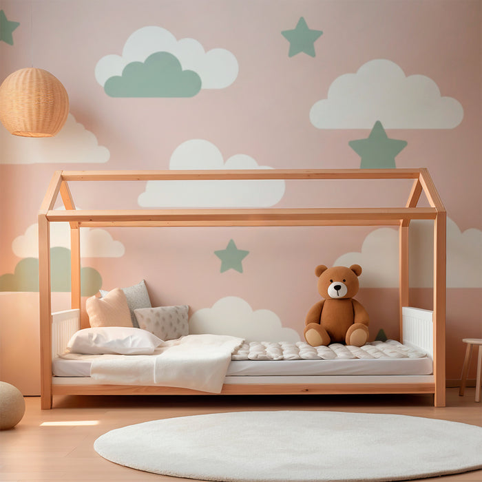 Papel de parede quarto bebê | Nuvens e estrelas verdes em fundo rosa