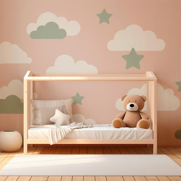 Papel de parede quarto bebê | Nuvens e estrelas verdes em fundo rosa