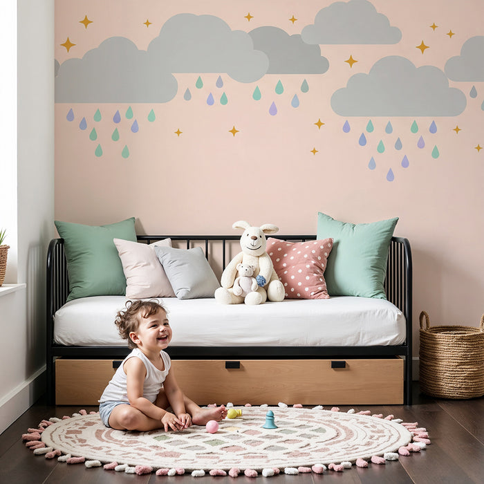 Papel de parede quarto bebê | Nuvens e gotas de chuva coloridas