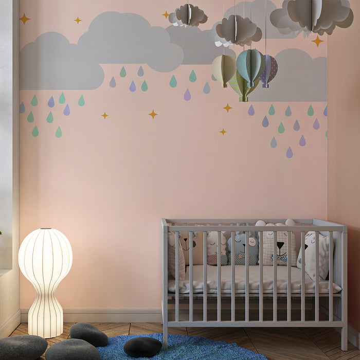 Papel de parede quarto bebê | Nuvens e gotas de chuva coloridas