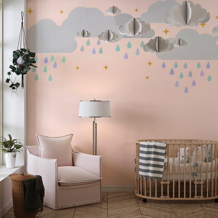 Papel de parede quarto bebê | Nuvens e gotas de chuva coloridas