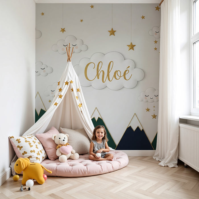 Lastenhuoneen tapetti | Pilvet ja vuoret kultaisilla tähdillä