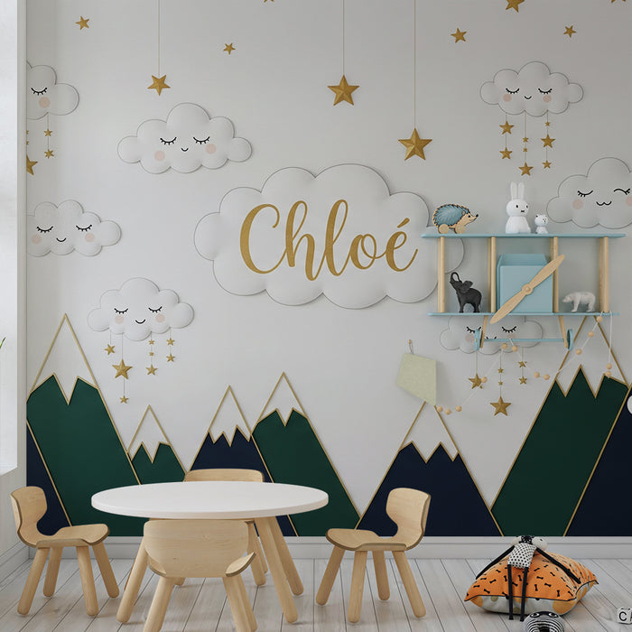 Lastenhuoneen tapetti | Pilvet ja vuoret kultaisilla tähdillä