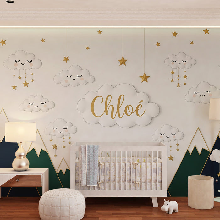 Lastenhuoneen tapetti | Pilvet ja vuoret kultaisilla tähdillä