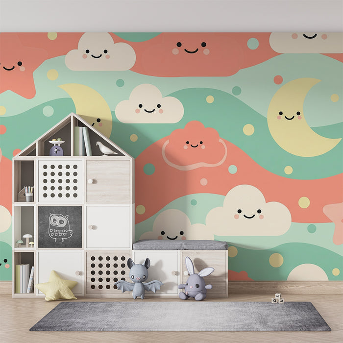 Χαρτί τοίχου για το δωμάτιο του μωρού | Σύννεφα, αστέρια και χαμογελαστή σε σεντονέ αποχρώσεις
