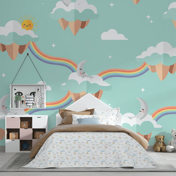 Dětské tapety do pokojíčku | Veselé mráčky a duhový motiv na uklidňujícím nebi