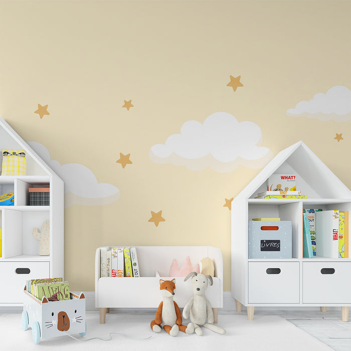 Papel de parede quarto bebê | Nuvens fofas e estrelas douradas