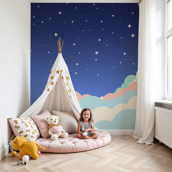 Χαρτί τοίχου δωματίου μωρού | Απαλά σύννεφα και αστέρια στον ουρανό