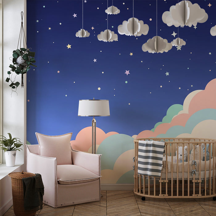 Χαρτί τοίχου δωματίου μωρού | Απαλά σύννεφα και αστέρια στον ουρανό
