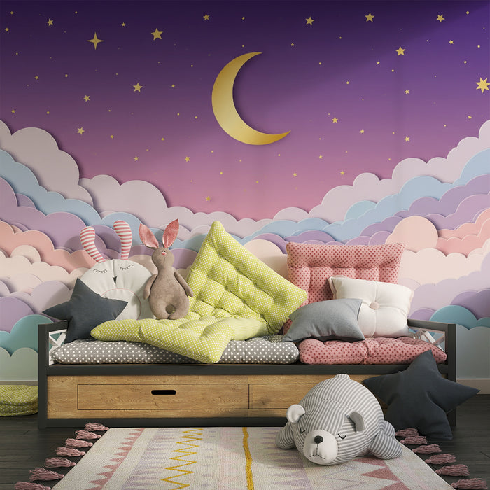 Papel de parede quarto bebê | Nuvens pastel e lua dourada sob um céu estrelado
