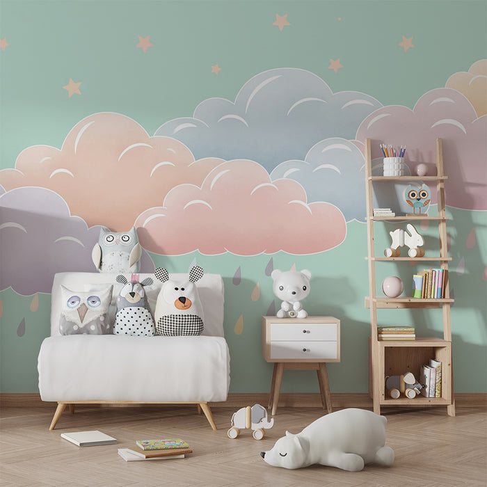 Papel de parede quarto bebê | Nuvens chuva e estrelas