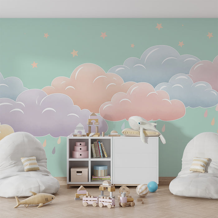 Papel de parede quarto bebê | Nuvens chuva e estrelas