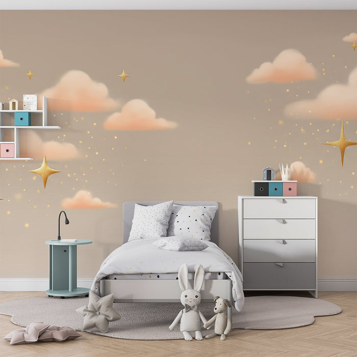 Papier peint chambre bébé | Nuages roses et étoiles dorées pour un ciel féérique