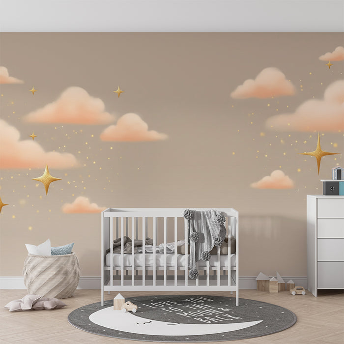 Papier peint chambre bébé | Nuages roses et étoiles dorées pour un ciel féérique