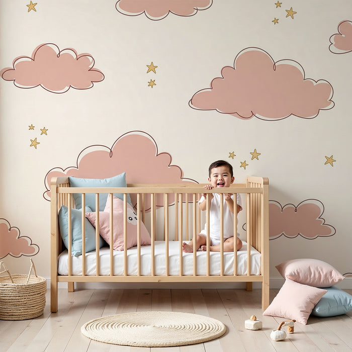 Papel de parede quarto bebê | Nuvens rosa e estrelas douradas em fundo creme