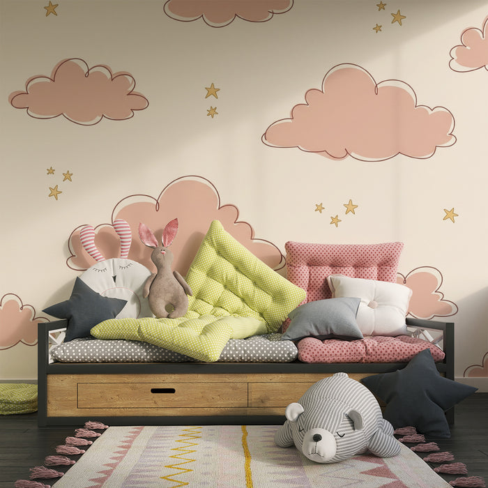 Papel de parede quarto bebê | Nuvens rosa e estrelas douradas em fundo creme