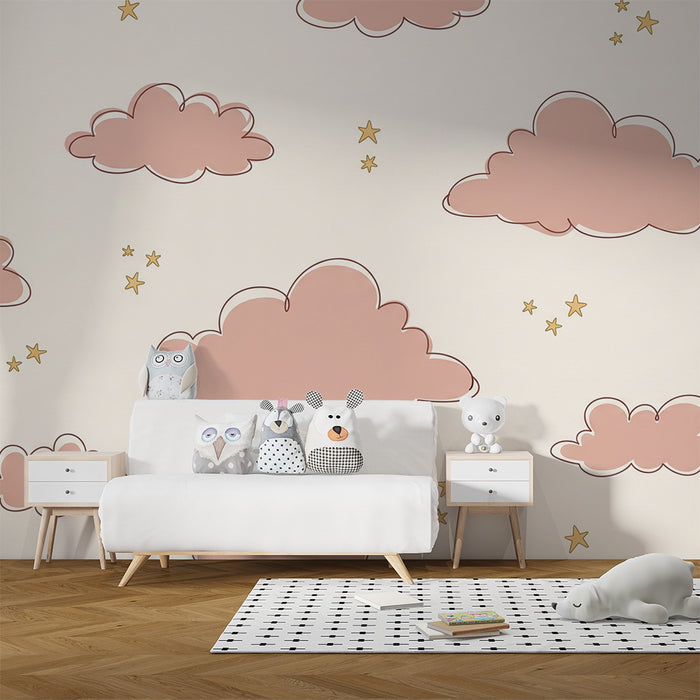Papel de parede quarto bebê | Nuvens rosa e estrelas douradas em fundo creme