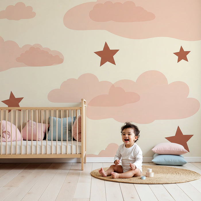 Babyzimmer Tapete | Rosa Wolken und Terrakotta-Sterne auf cremefarbenem Hintergrund