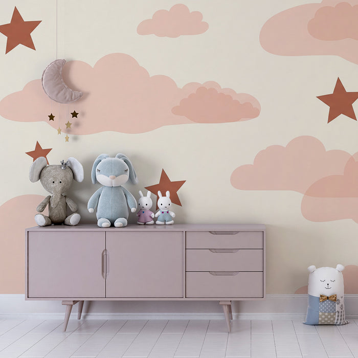 Babyzimmer Tapete | Rosa Wolken und Terrakotta-Sterne auf cremefarbenem Hintergrund