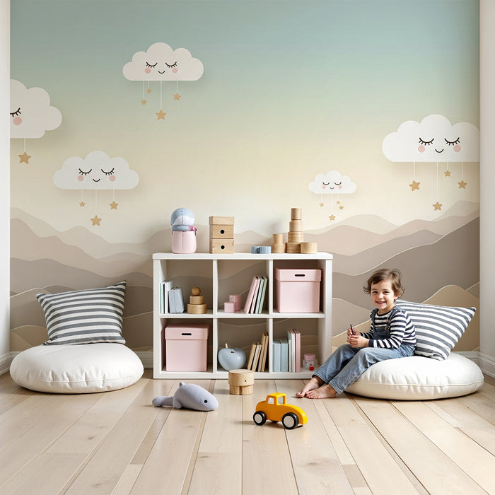 Papel de parede quarto bebê | Nuvens sorridentes e estrelas douradas