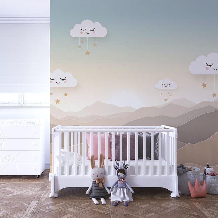 Papel de parede quarto bebê | Nuvens sorridentes e estrelas douradas