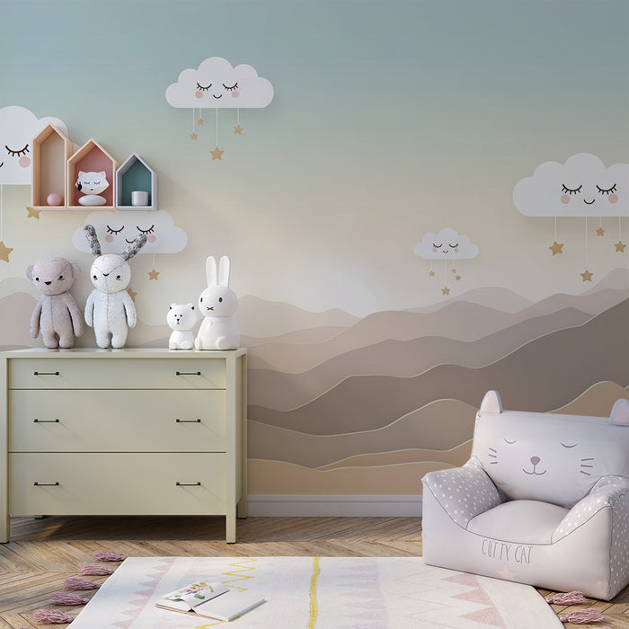 Papel de parede quarto bebê | Nuvens sorridentes e estrelas douradas