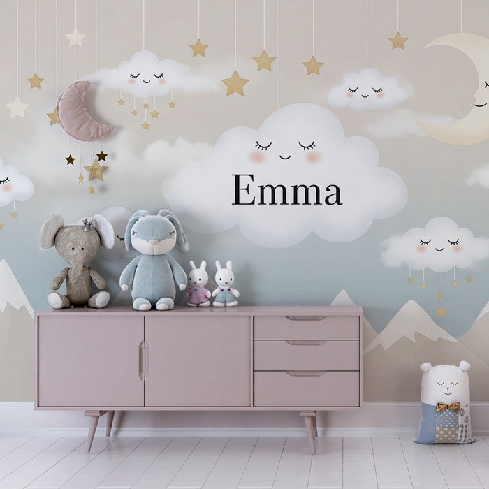 Papier de parede soba beba | Osmijesi oblaci i zlatne zvijezde na umirujućem nebu