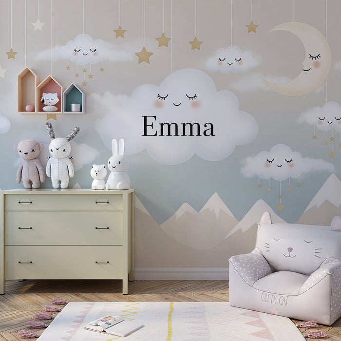 Papier de parede soba beba | Osmijesi oblaci i zlatne zvijezde na umirujućem nebu