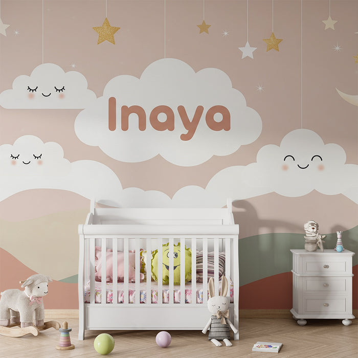 Tapet barnerom | Smilende skyer og gullstjerner i en myk himmel