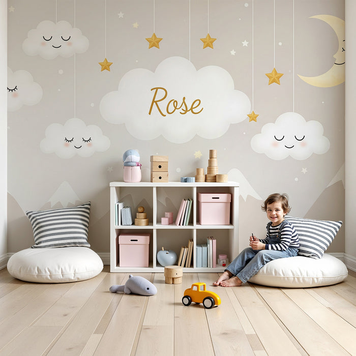 Tapety dla dzieci | Uśmiechnięte chmury i złote gwiazdy na delikatnym tle