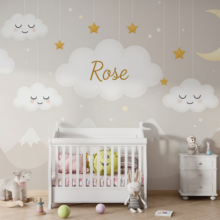 Tapety dla dzieci | Uśmiechnięte chmury i złote gwiazdy na delikatnym tle