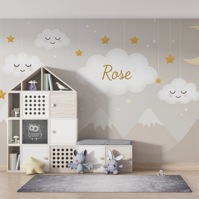 Tapety dla dzieci | Uśmiechnięte chmury i złote gwiazdy na delikatnym tle