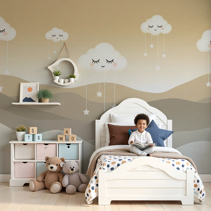 Papel de parede quarto bebê | Nuvens sorridentes e estrelas brilhantes