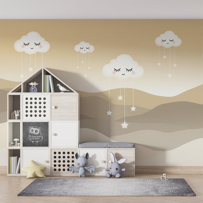 Papel de parede quarto bebê | Nuvens sorridentes e estrelas brilhantes