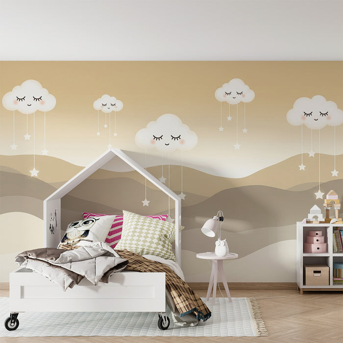Papel de parede quarto bebê | Nuvens sorridentes e estrelas brilhantes