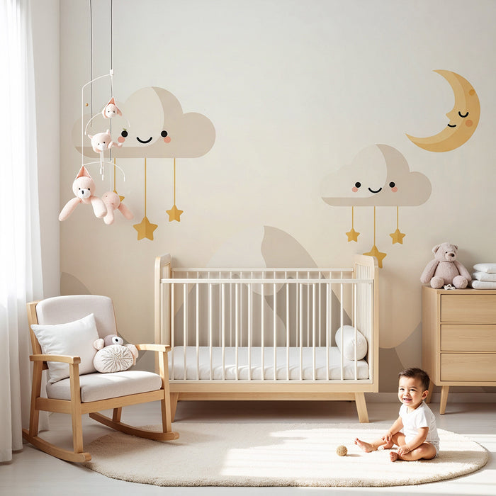 Papel de parede quarto bebê | Nuvens sorridentes e lua dourada