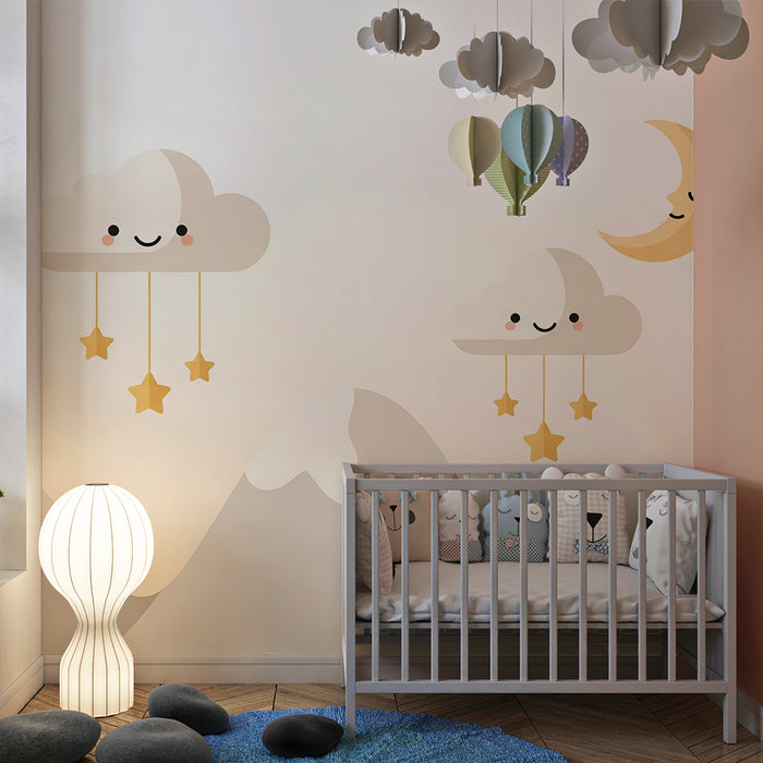 Papel de parede quarto bebê | Nuvens sorridentes e lua dourada