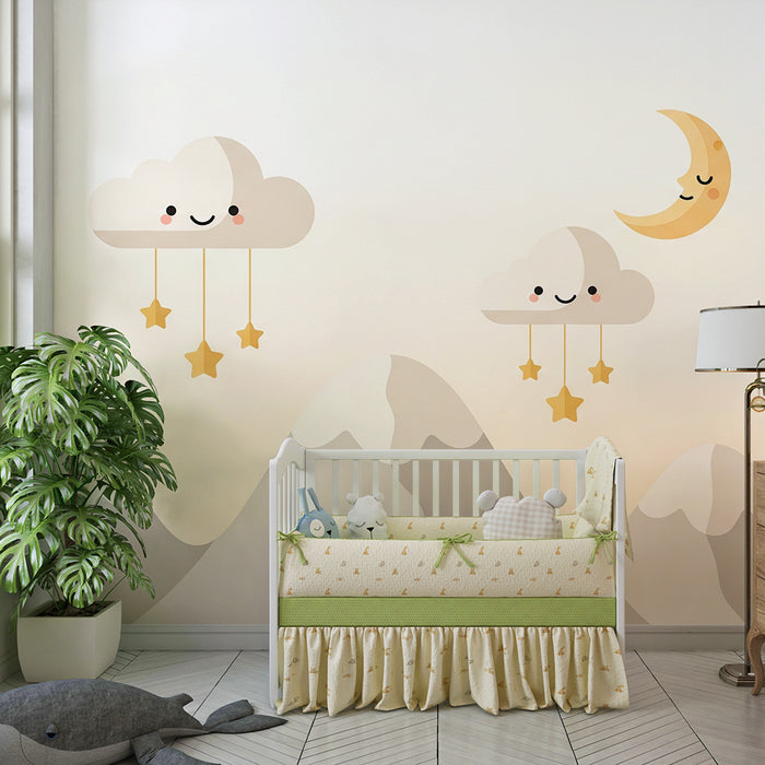Papel de parede quarto bebê | Nuvens sorridentes e lua dourada