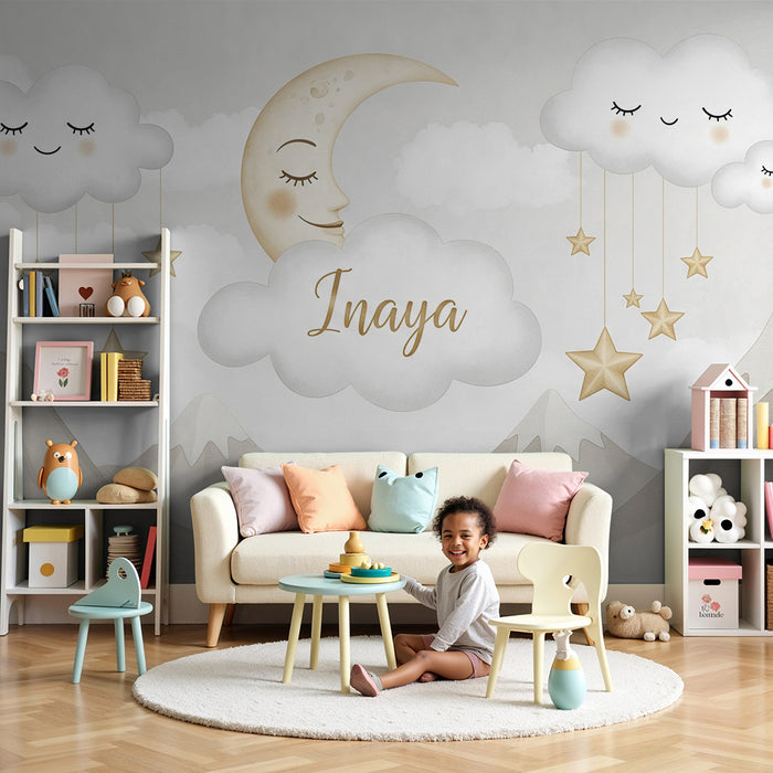 Babyzimmer Tapete | Lächelnde Wolken und goldener Mond über den Bergen