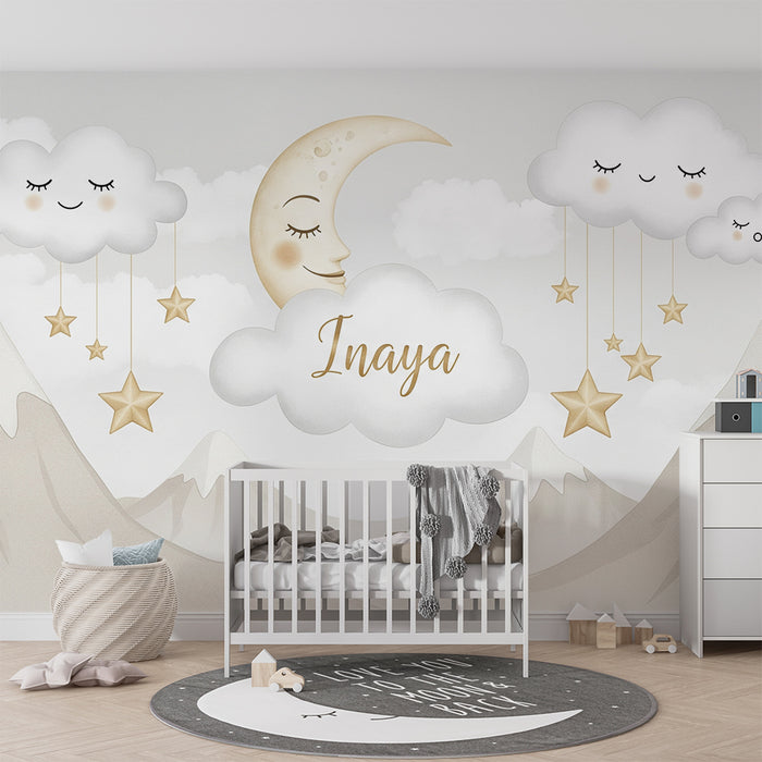 Babyzimmer Tapete | Lächelnde Wolken und goldener Mond über den Bergen