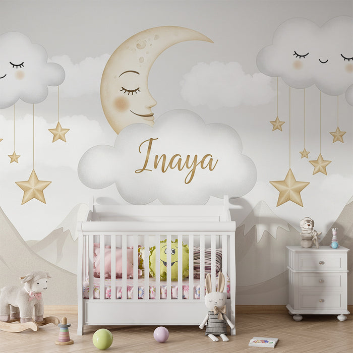 Babyzimmer Tapete | Lächelnde Wolken und goldener Mond über den Bergen