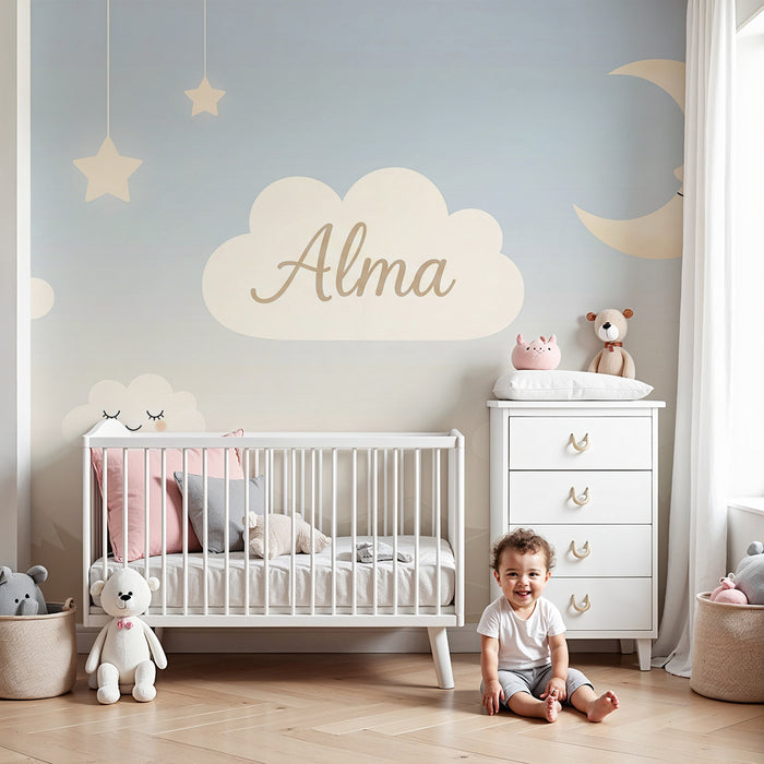 Babyzimmer Tapete | Lächelnde Wolken und sanfter Mond in einem beruhigenden Himmel