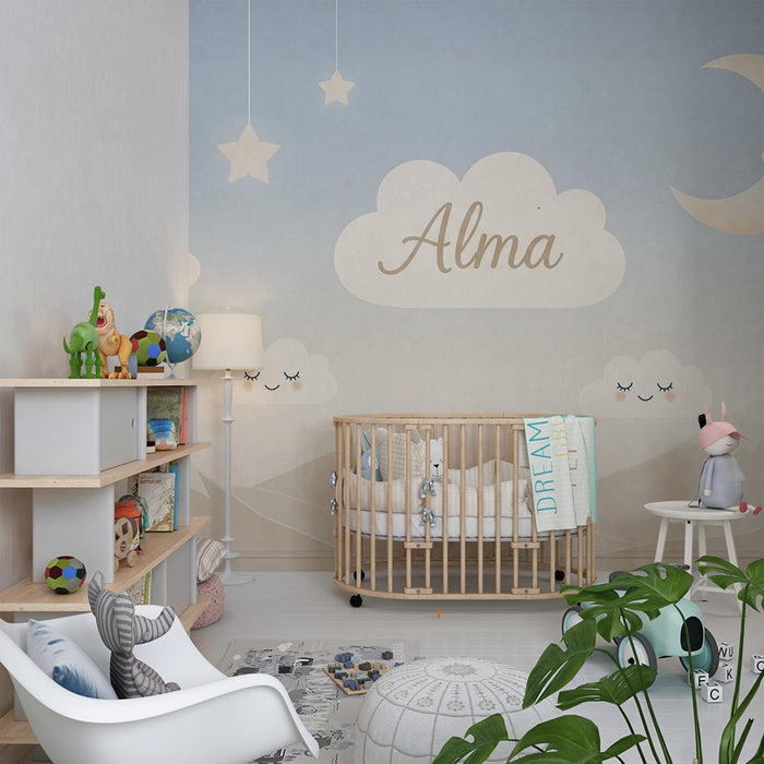 Babyzimmer Tapete | Lächelnde Wolken und sanfter Mond in einem beruhigenden Himmel
