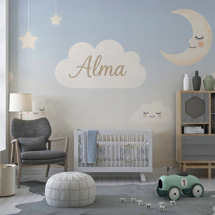 Babyzimmer Tapete | Lächelnde Wolken und sanfter Mond in einem beruhigenden Himmel
