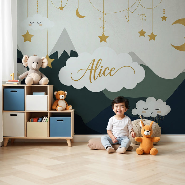 Babyzimmer Tapete | Lächelnde Wolken und Alice Berge