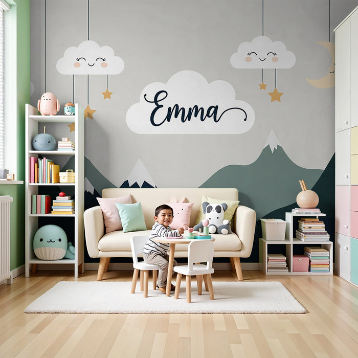 Babyzimmer Tapete | Lächelnde Wolken und beruhigende Berge unter einem sternenklaren Himmel